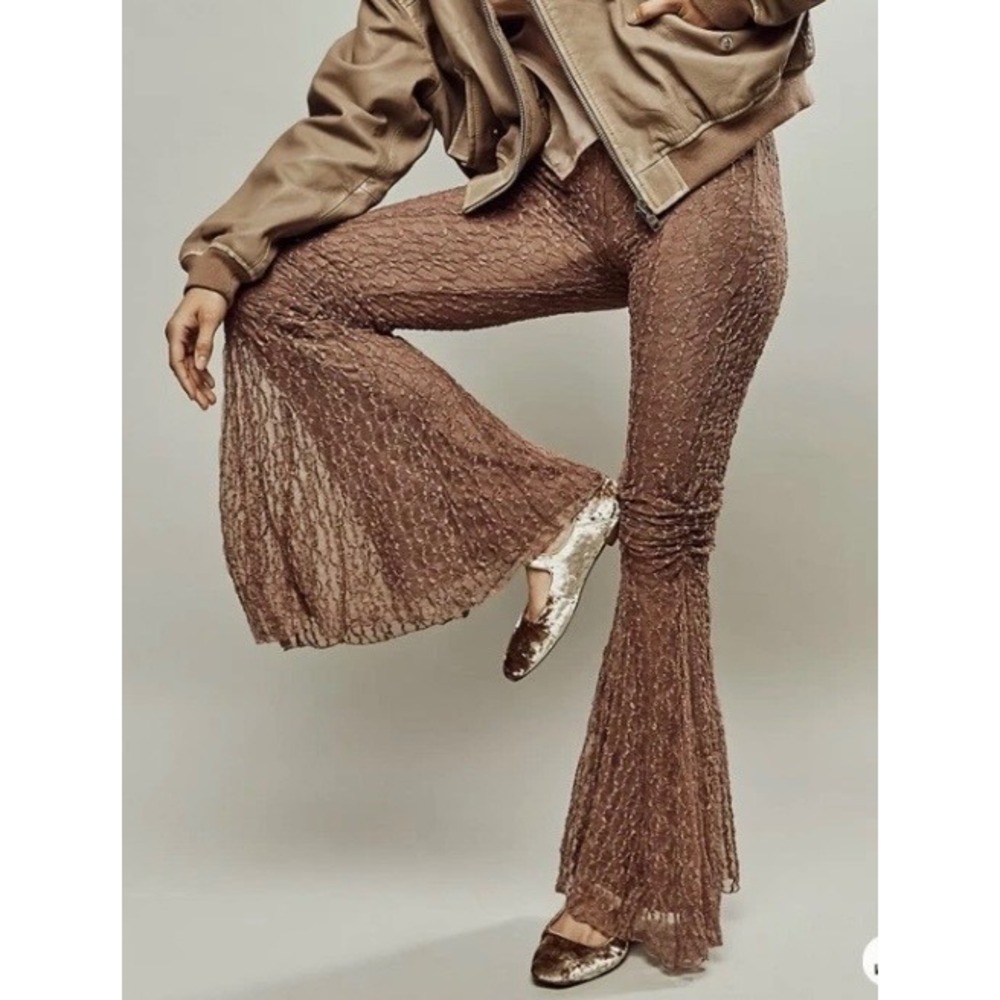 Free People Penny Lace Flare Pants Mauve Brown Ruched Bell Bottoms Boho Size S